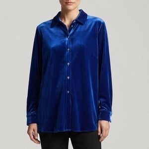 Catherines Royal Blue Velvet Button Up Shirt Long Sleeve Women Plus Size 2X